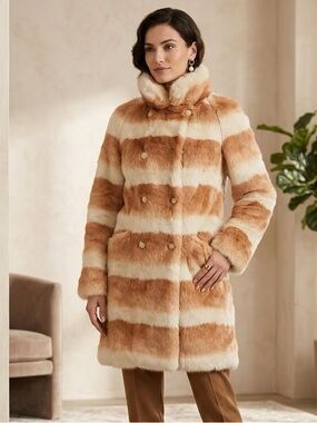 Rare!! Rabbit Coat and Hat! Tan and Cream Genuine Rabbit Fur Coat
